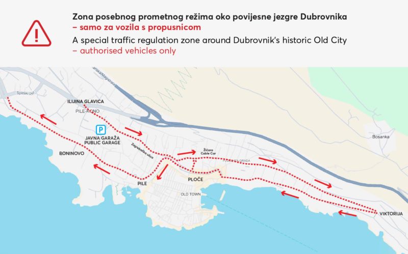 Map of restricted traffic zone around Dubrovnik Old Town